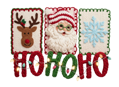 Hohoho Yarn Print Santa, Reindeer, & Snowflake T-Shirt